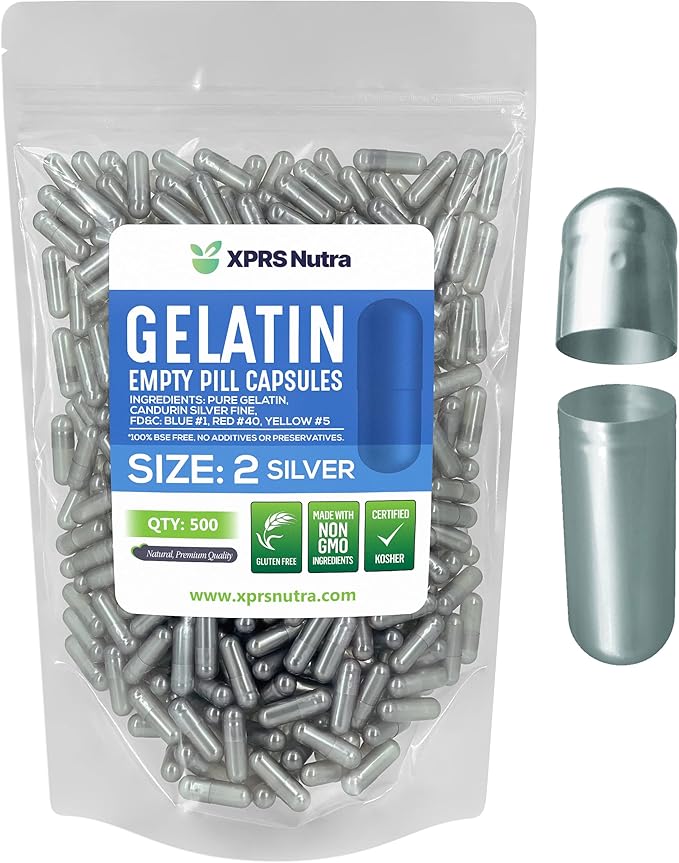 XPRS Nutra Size 2 Empty Capsules - 500 Count Empty Gelatin Capsules - Empty Pill Capsules - DIY Supplement Capsule Filling - Fillable Color Gel Caps Pills (Silver)