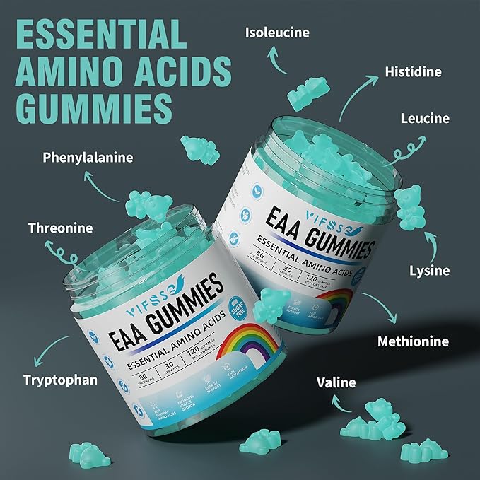 EAA Gummies 120 Gummies (Blue Raspberry), 8000 mg Essential Amino Acids - All 9 Essential Aminos (EAA) and All Branched-Chain Aminos (BCAAs), Non-GMO, Gluten Free, Vegetarian Friendly