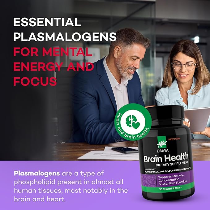 Daiwa Brain Health Supplement for Adults - Plasmalogen Focus Supplement for Memory and Concentration - Cognitive Brain Booster with 50mg of Hokkaido Scallop Oil Plasmalogen (HSOP) - 30/ct