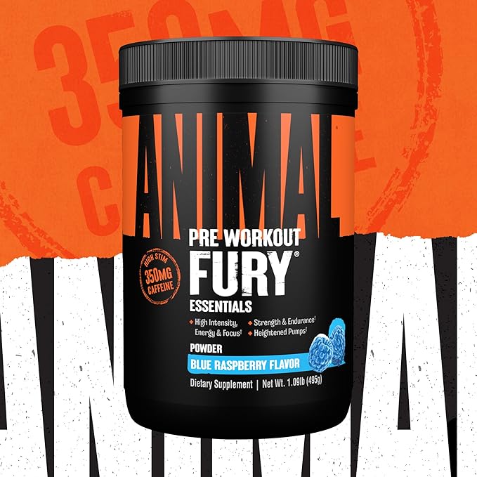 Animal Fury Pre Workout Powder - Energy and Focus Supplement with 5g BCAA, 350mg Caffeine Nitric Oxide Booster with Beta-Alanine, Preworkout for Men and Women, Blue Raspberry Flavor, 30 Servings
