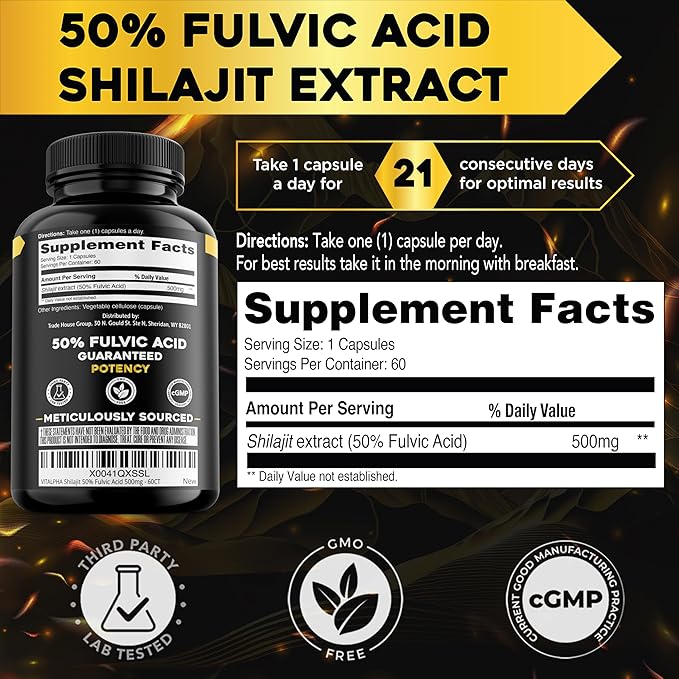 Resin-Potency Shilajit Capsules (50% Fulvic Acid) - 500mg Max Potency Extract - Organic & Pure Himalayan Shilajit - Made in USA - 85+ Trace Minerals - Monthly Supply - 60 Count