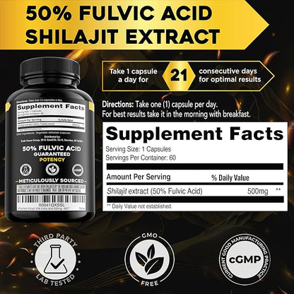 Resin-Potency Shilajit Capsules (50% Fulvic Acid) - 500mg Max Potency Extract - Organic & Pure Himalayan Shilajit - Made in USA - 85+ Trace Minerals - Monthly Supply - 60 Count