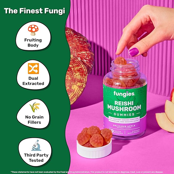 Fungies Reishi Mushroom Gummies, Delicious Apple Flavor - Mushroom Herbal Supplement Gummy for Adults Supports Immune Health, Relaxation & Healthy Aging - Calming Gummies for Sleep - 60 Servings