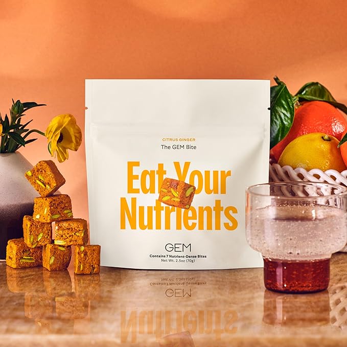GEM Bite Daily Multivitamin for Women & Men | Citrus Ginger | Supports Gut, Skin, Brain, Bone, & Immunity | 20+ Vitamins & Minerals | 28 Serving