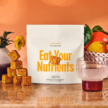 GEM Bite Daily Multivitamin for Women & Men | Citrus Ginger | Supports Gut, Skin, Brain, Bone, & Immunity | 20+ Vitamins & Minerals | 28 Serving