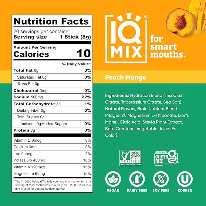 IQMIX Sugar Free Electrolytes Powder Packets - Hydration Supplement Drink Mix with Keto Electrolytes, Lions Mane, Magnesium L-Threonate, and Potassium Citrate - Peach Mango (20 Count)