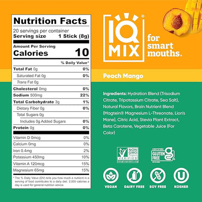 IQMIX Sugar Free Electrolytes Powder Packets - Hydration Supplement Drink Mix with Keto Electrolytes, Lions Mane, Magnesium L-Threonate, and Potassium Citrate - Peach Mango (20 Count)