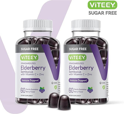 Sambucus Elderberry Gummies for Adults & Teens + Zinc & Vitamin C - Sugar Free - Immune Support & Booster Herbal Supplement - Vegan, Gluten Free, Gelatin Free, GMO Free, Chewable Berry Flavored Gummy