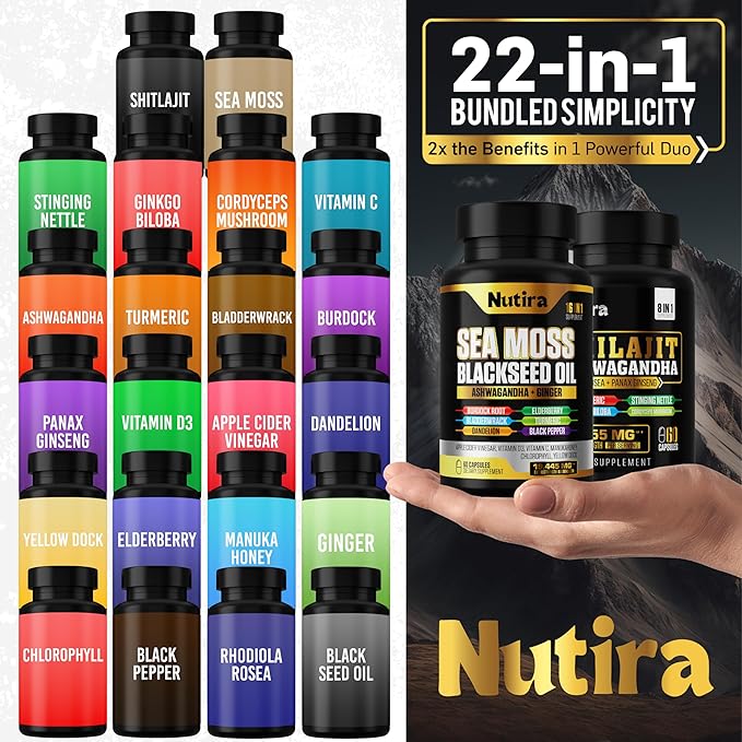 Sea Moss & Shilajit Multivitamin Bundle - Sea Moss 7000mg, Shilajit 9000mg, Black Seed Oil 4000mg, Ashwagandha 2000mg, Ginger & Rhodiola Rosea 1000mg, All in 1 Supplements (60 Count) (1 Pack)