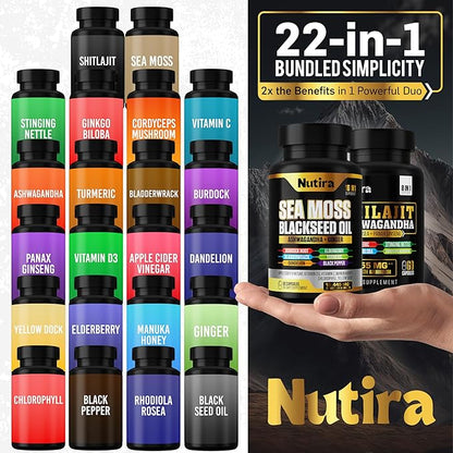 Sea Moss & Shilajit Multivitamin Bundle - Sea Moss 7000mg, Shilajit 9000mg, Black Seed Oil 4000mg, Ashwagandha 2000mg, Ginger & Rhodiola Rosea 1000mg, All in 1 Supplements (60 Count) (1 Pack)