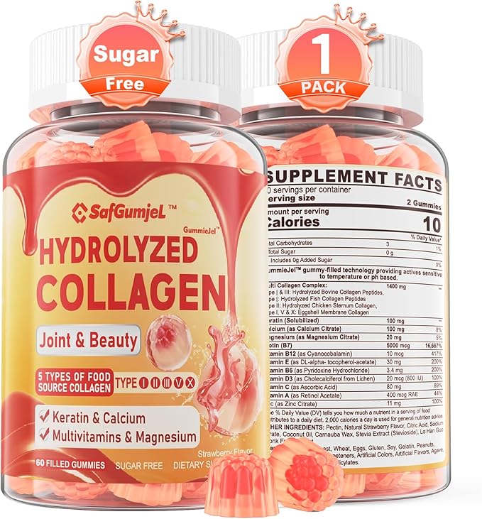 Sugar Free Hydrolyzed Collagen Peptides Gummies for Women, Multi Hydrolyzed Collagen Type I II III V X Supplement w/Keratin Calcium Magnesium for Hair, Skin & Nails, Healthy Joints, Anti-Aging, 60cts