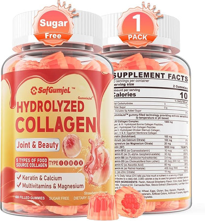 Sugar Free Hydrolyzed Collagen Peptides Gummies for Women, Multi Hydrolyzed Collagen Type I II III V X Supplement w/Keratin Calcium Magnesium for Hair, Skin & Nails, Healthy Joints, Anti-Aging, 60cts