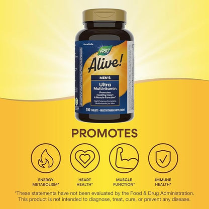 Nature's Way Alive! Men's Daily Ultra Multivitamin, Promotes Healthy Heart & Muscle Function*, with B-Vitamins Including Methylated B12, Gluten Free, 150 Tablets (Packaging May Vary)