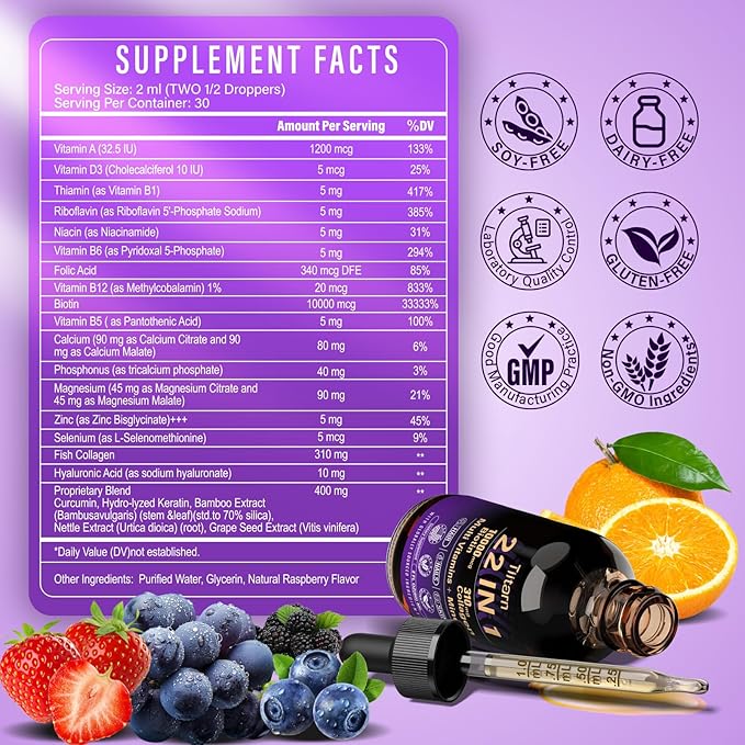 Hair Vitamins Liquid Biotin, Collagen & Hyaluronic Acid – multivitamin Hair Growth for Women and Men Supports Hair, Skin & Nails | Vitamin B Complex | 98% Faster Absorption Than Pills-001