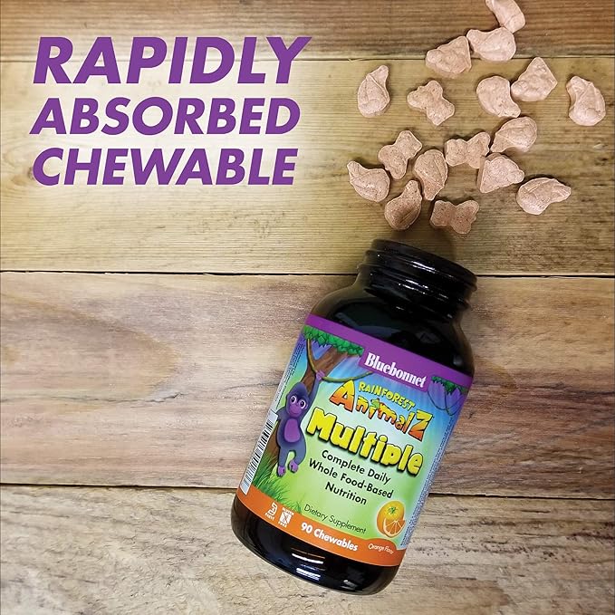 Bluebonnet Nutrition Rainforest Animalz Whole Food Based Multiple Chewable Tablet, Kids Multivitamin & Mineral, Vitamin C, D3, Iron, Gluten Free, Milk Free, Kosher, 180 Chewable Tablets, Orange Flavor