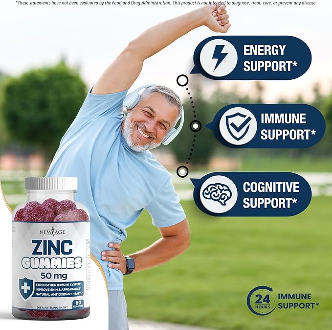 NEW AGE Zinc Gummies - 50mg High Immune Booster Zinc Supplement, Immune Defense, Powerful Natural Antioxidant, Non-GMO 180 Count (Pack of 3)
