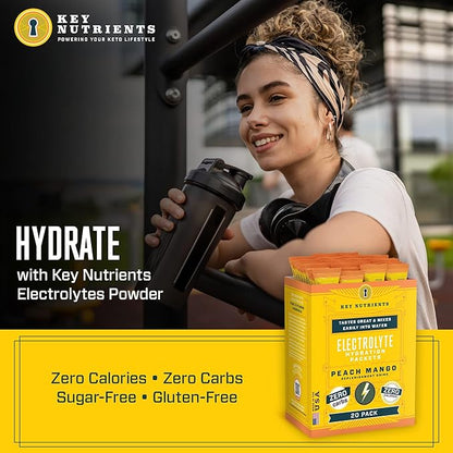 KEY NUTRIENTS Electrolytes Powder Packets - Tropical Peach Mango 20 Pack Hydration Packets - Travel Hydration Powder - No Sugar, No Calories, Gluten Free - Made in USA - Peach Mango