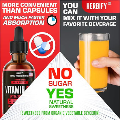 HERBIFY Vitamin B12 Organic Methylated Multivitamin Energy Supplements for Women & Men - Liquid B12 Vitamins 5000 Mcg Methylfolate - Energy Support and Natural Immune Health Liquid Vitamin 2 Oz