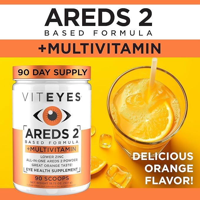 Viteyes AREDS 2 Powder + Multivitamin All-in-One, Macular Protection, Alternative to AREDS 2 chewables, No Pills, Lutein & Zeaxanthin, AREDS 2 Eye Vitamins Drink, Natural Orange Flavor, 90 Scoops