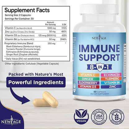 NEW AGE 8 in 1 Immune Support Booster Supplement with Echinacea, Vitamin C and Zinc 50mg, Vitamin D 5000 IU, Turmeric Curcumin & Ginger, B6, Elderberry 120 Count (Pack of 2)