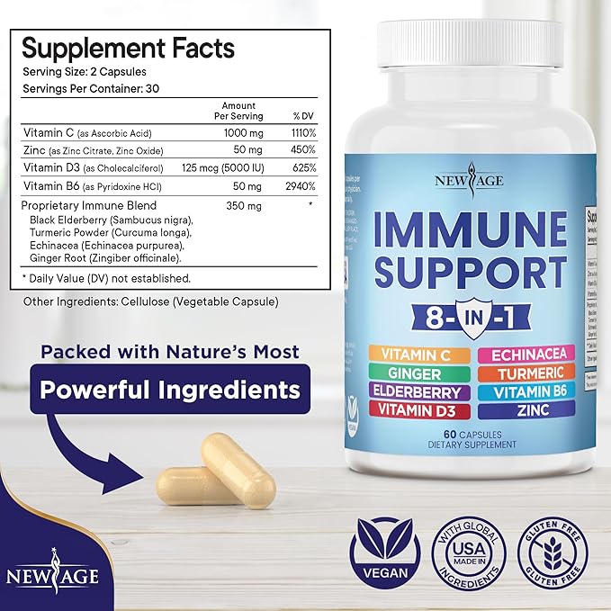 NEW AGE 8 in 1 Immune Support Booster Supplement with Echinacea, Vitamin C and Zinc 50mg, Vitamin D 5000 IU, Turmeric Curcumin & Ginger, B6, Elderberry (8 in 1 Capsules (Pack of 5))