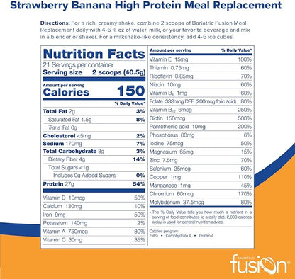 Bariatric Fusion Strawberry Banana Meal Replacement 27g Protein Powder, 21 Serving Tub for Bariatric Surgery Patients Including Gastric Bypass and Sleeve Gastrectomy - No Gluten, Aspartame or Sugar