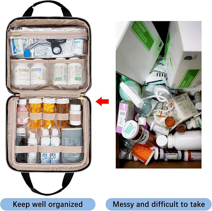 Leudes Travel Pill Bottle Organizer,Medicine Organizer and Storage,Home Medication Bag, Cases,Carrier for Pills,Vitamin,Fish Oil,Supplements for Women and Men (Large, Black)
