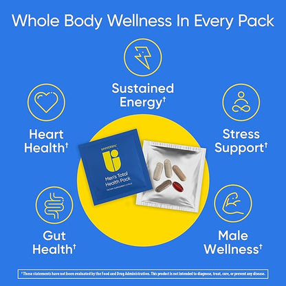 Men's Total Health Pack Daily Multivitamin Supplement, Energy, Stress Support, Krill Oil, 22 Key Vitamins & Minerals, VIT D, C, B12, E, A, B6, K, Biotin, Zinc, Astaxanthin (30 Pack)