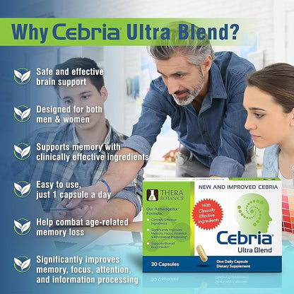 Cebria Ultra Brain Supplement for Men, Women & Seniors – Nootropic Safe and Effective Memory Supplement for Retention, Recall & Age-Related Memory Loss* (30 Count)