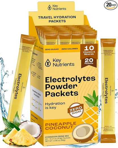 KEY NUTRIENTS Electrolytes Powder Packets - Tropical Pineapple Coconut 20 Pack Hydration Packets - Travel Hydration Powder - No Sugar, No Calories, Gluten Free Keto Electrolytes Powder - Made in USA