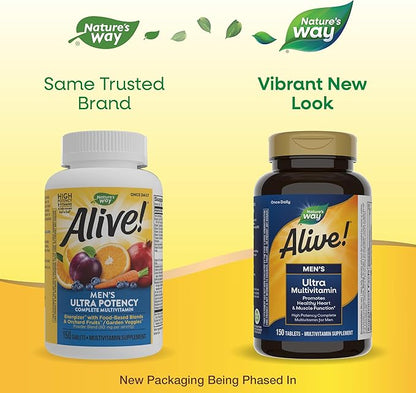 Nature's Way Alive! Men's Daily Ultra Multivitamin, Promotes Healthy Heart & Muscle Function*, with B-Vitamins Including Methylated B12, Gluten Free, 150 Tablets (Packaging May Vary)