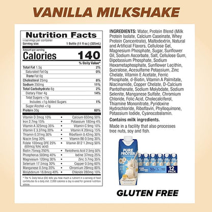 Pure Protein Vanilla Protein Shake, 30g Complete Protein, Vitamins A, C, D, and E plus Zinc to Support Immune Health, Ready to Drink and Keto-Friendly, 11oz Bottles, 12 Pack