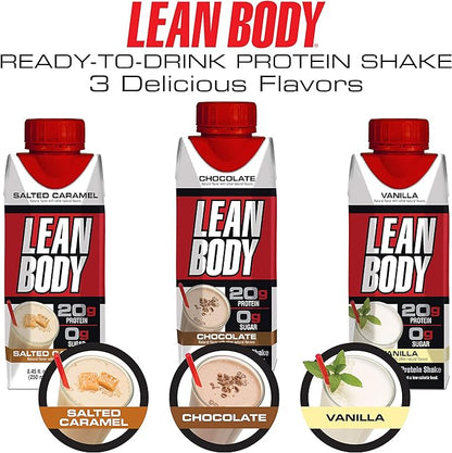 Lean Body Ready-to-Drink Salted Caramel Protein Shake, 20g Protein, Whey Blend, 0 Sugar, Gluten Free, 22 Vitamins & Minerals, (Recyclable Carton & Lid - Pack of 4)