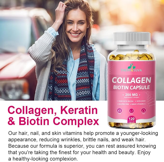 Multi Collagen Complex 200MG + Biotin 3000MCG + Vitamin C 50MG Per Serving! Promotes Healthy Hair, Beautiful Skin, and Nail Support! 120 Capsules, 60 Day Supply