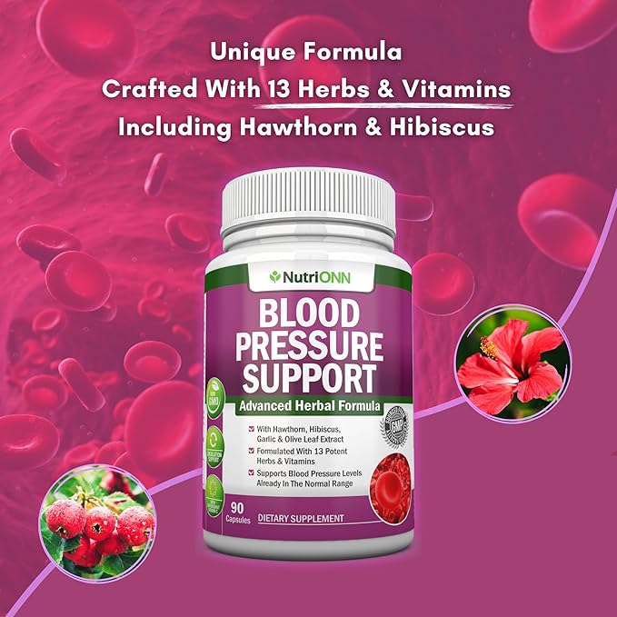 Blood Pressure Support Supplement - 13 Herbs & Vitamins - with Hawthorn, Hibiscus, Garlic & Olive Leaf Extract - Natural Supplement for Women & Men - High Strength Capsules - Non-GMO - 90 Day Supply