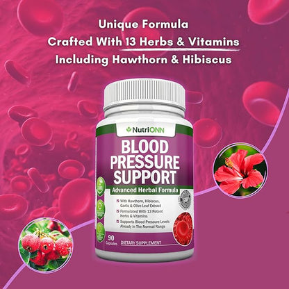 Blood Pressure Support Supplement - 13 Herbs & Vitamins - with Hawthorn, Hibiscus, Garlic & Olive Leaf Extract - Natural Supplement for Women & Men - High Strength Capsules - Non-GMO - 90 Day Supply
