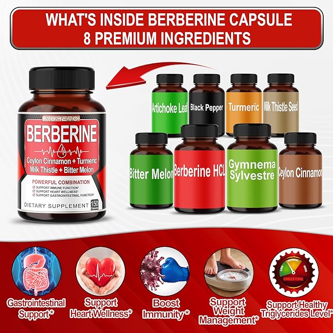 Berberine Supplement - Enhanced with Ceylon Cinnamon, Turmeric, Milk Thistle, Bitter Melon for Digestion, Immunity & Weight Managament (150 Count (Pack of 1))