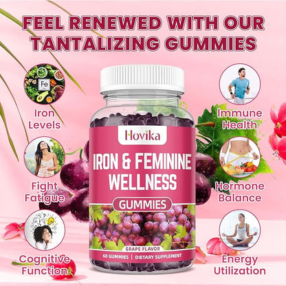 Iron for Women Gummies, 40mg Iron Supplement Anemia with multivitamin for Women, Zinc, Selenium, Iodine - for Iron Deficiency - Natural Hormonal Support for PMS, Grape Flavour, 2 Pack