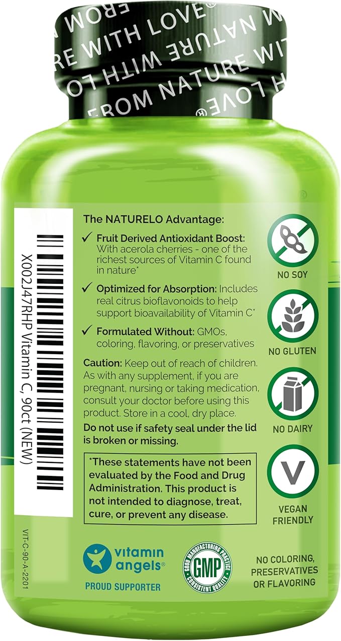 NATURELO Vitamin C with Organic Acerola Cherry Extract and Citrus Bioflavonoids - Vegan Supplement - Immune Support - 500 mg VIT C per Cap - Non-GMO - 90 Capsules