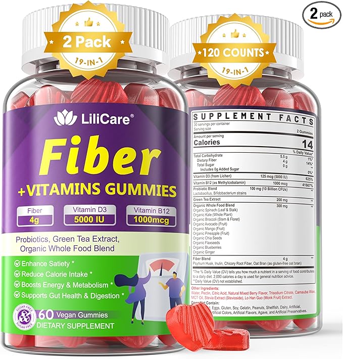 Probiotics Fiber Gummies for Adults Sugar Free + Psyllium Husk Fiber Supplement (Soluble + Insoluble) /w Vitamin B12 1000 mcg Vitamin D3 5000 iu for Fulfill, Metabolism, Gut & Digestive Health, 120Cts