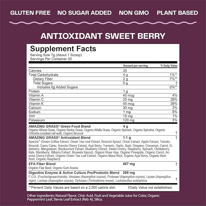 Amazing Grass Greens Superfood Antioxidant: Greens Powder with Organic Spirulina, Beet Root Powder, Elderberry & Probiotics, Sweet Berry, 30 Servings (Packaging May Vary)