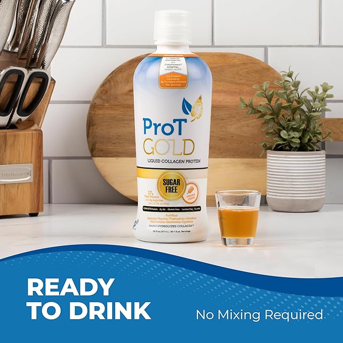 Liquid Collagen Protein Shot, 17g Clear Protein Nano-Hydrolyzed Grass Fed Collagen, 2g Arginine for Wound Support, Gluten Free, Sugar Free, 0g Carbs, Non GMO, Orange Creme, 30 fl oz Bottle