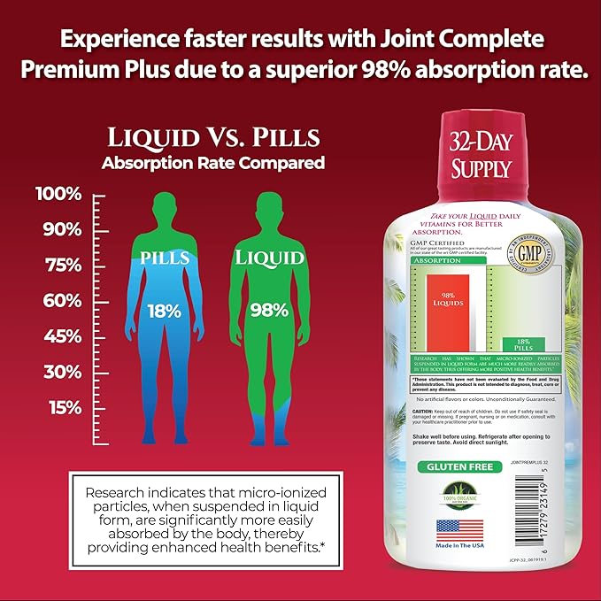 Joint Complete Premium Premium Plus - Liquid Joint Supplement w/Glucosamine, Chondroitin, MSM Plus 800mg Turmeric – 98% Max Absorption – 32oz, 32 serv