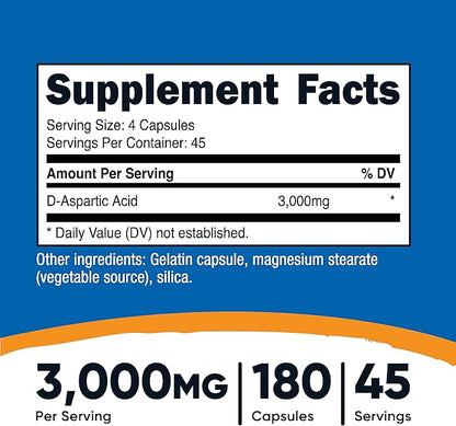 Nutricost D-Aspartic Acid (DAA) Capsules 3000mg Per Serving (180 Capsules) - Non-GMO