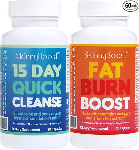 SkinnyBoost Fat Burn & 15 Day Quick Cleanse KIT-Vegan Capsules, Easy to Use: Detox, Supports Metabolism and Colon Cleanser, Made in The USA