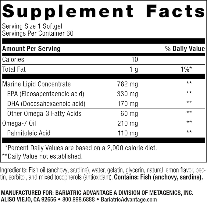 Bariatric Advantage OmegaVanta 10 - Omega Fish Oil - Enriched EPA & DHA - Enteric Softgel Design - Supports Heart Health* - Natural Lemon Flavor - 60 Softgels