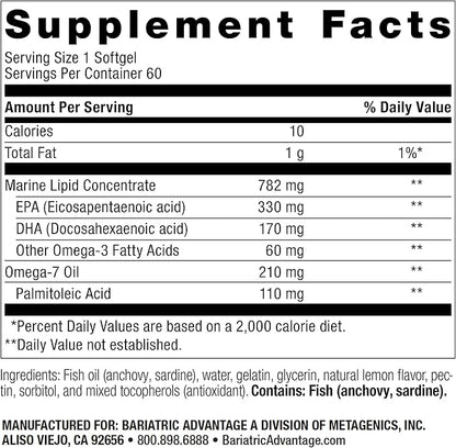 Bariatric Advantage OmegaVanta 10 - Omega Fish Oil - Enriched EPA & DHA - Enteric Softgel Design - Supports Heart Health* - Natural Lemon Flavor - 60 Softgels