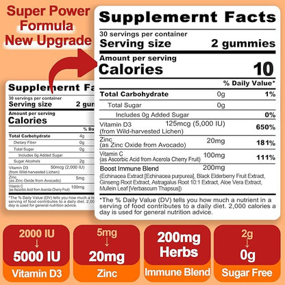 Sugar Free Vitamin C + D3 + Zinc Gummies for Adults 50 +, 9 in 1 Immune Defense Supplement with D3 5000IU, Elderberry, Echinacea, Mullein Leaf for Boost Immunity, Power Antioxidant, Vegan (Pack of 1)