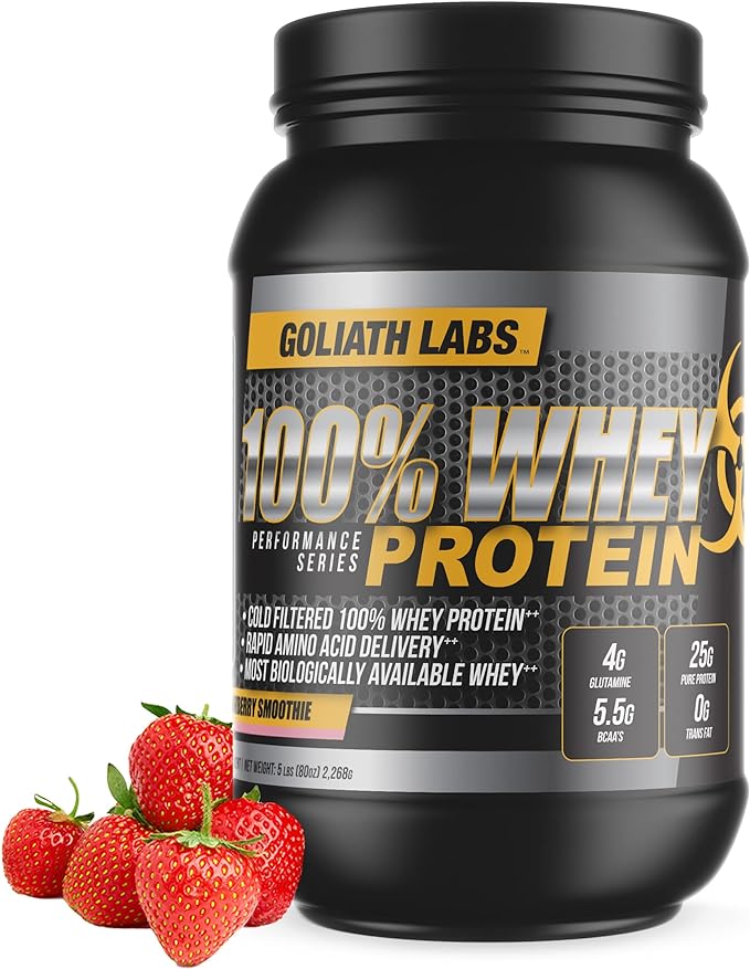 Goliath Labs 100% Whey Protein Powder Isolate/Blend | Fast-Absorbing Workout Supplements for Men and Women | 25g of Pure Protein and 5.5g of BCAAs in Each Serv | Strawberry, 5 lbs, 68 Servings