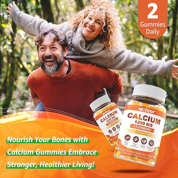 Calcium Gummies with Turmeric for Women & Men - Calcium 1200mg with Vitamin D3 K2 B12 5000 IU & Zinc, Suger-Free Calcium Supplement for Bone, Joint Strength & Immune Support - Vegan(120 Count)